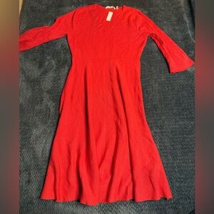 Soft Surroundings Midi Dress Women L Coral V-Neck Ribbed Yarn Knit A Line